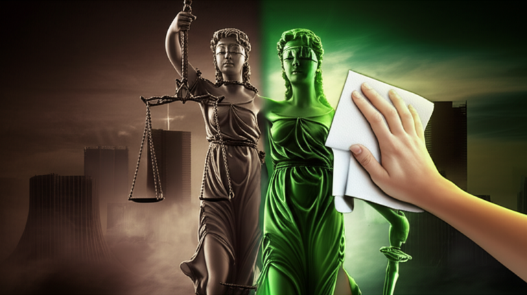 Representação artística da justiça brasileira, mostrando uma Lady Justice fossilizada simbolizando impunidade e um novo símbolo de justiça limpa e equilibrada, remetendo ao futuro do Brasil.