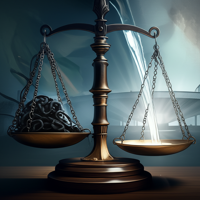 Balança da justiça desequilibrada com símbolos de impunidade e luz de purificação, representando a análise crítica do judiciário brasileiro no livro Justiça e Impunidade.