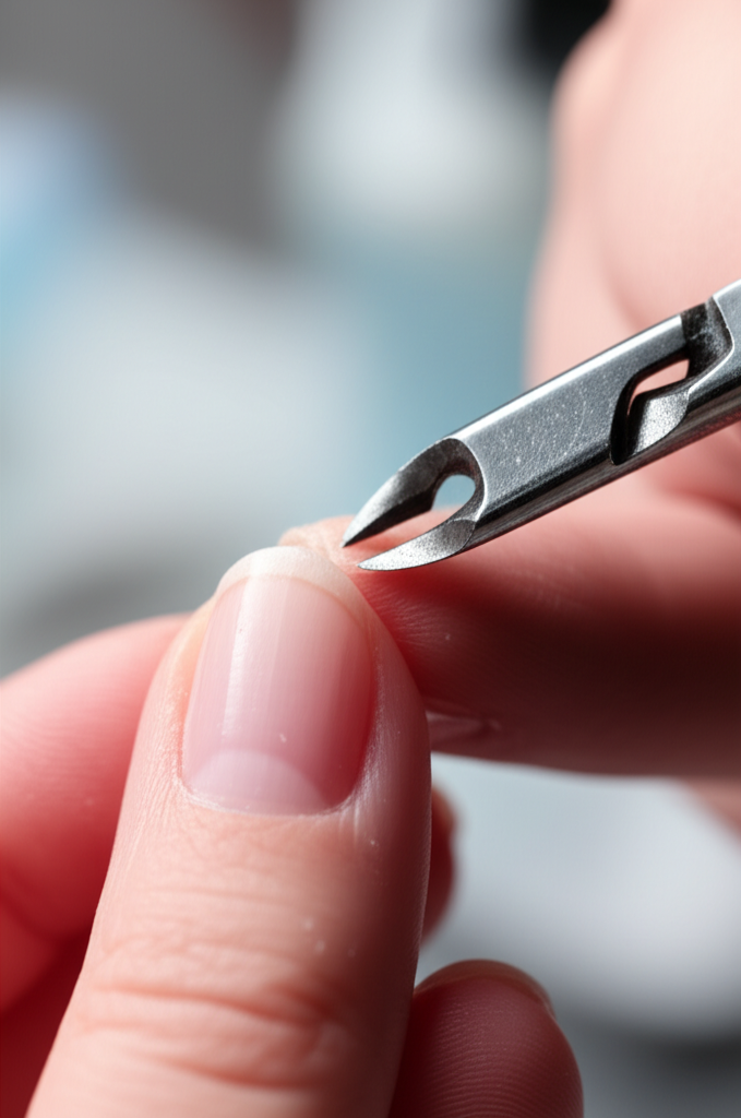 Manicure profissional realizando cutilagem perfeita com alicate, técnica 'corte bordado' e 'fundinha' sem sangramento, transmitindo segurança e precisão.