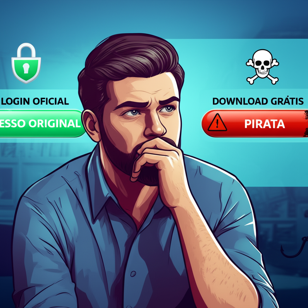 Homem escolhendo entre login oficial seguro e download grátis arriscado para o 'Manual do Antiotário', simbolizando a busca por conhecimento autêntico e a evitação de pirataria.