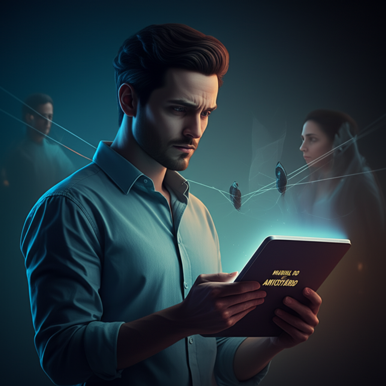 Homem lendo o 'Manual do Antiotário' em um tablet, com elementos visuais abstratos de desafios e armadilhas de relacionamento ao redor.