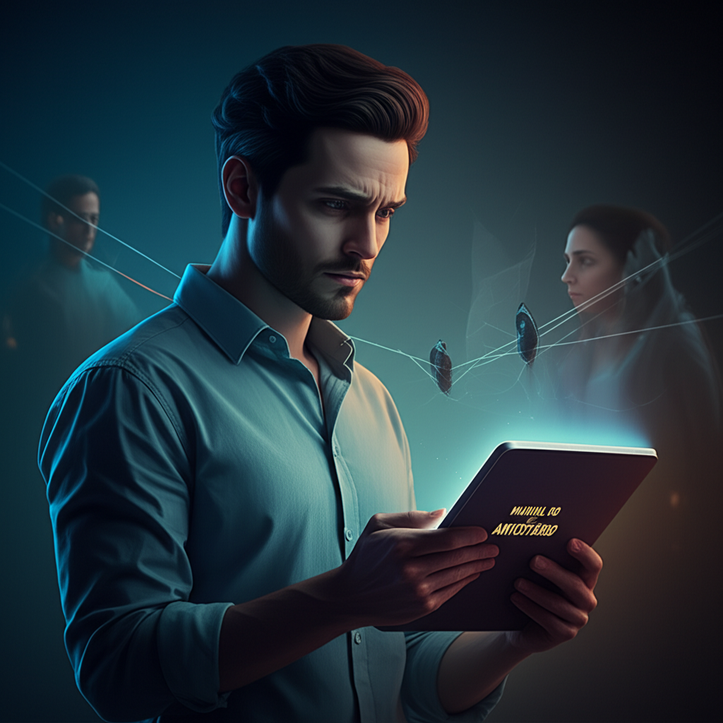 Homem lendo o 'Manual do Antiotário' em um tablet, com elementos visuais abstratos de desafios e armadilhas de relacionamento ao redor.