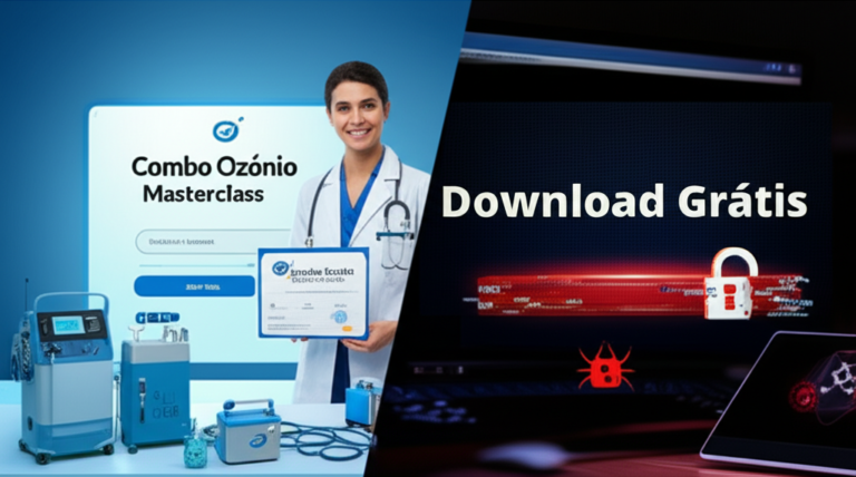 Imagem dividida entre acesso oficial seguro do Combo Ozônio Masterclass e tela de download grátis com erros e riscos.