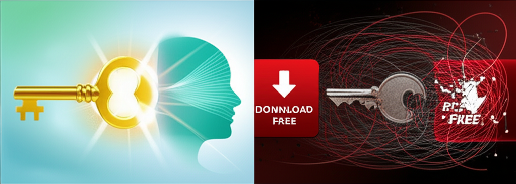 Ilustração comparando dois caminhos para controlar a ansiedade: uma chave dourada e login seguro levando à paz, e uma chave quebrada com um ícone de download grátis levando ao caos e confusão.