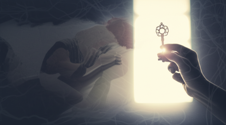 Uma chave misteriosa parcialmente oculta, simbolizando as promessas do e-book 'A Chave Secreta para Controlar a Ansiedade' e as informações que o marketing pode ter omitido.