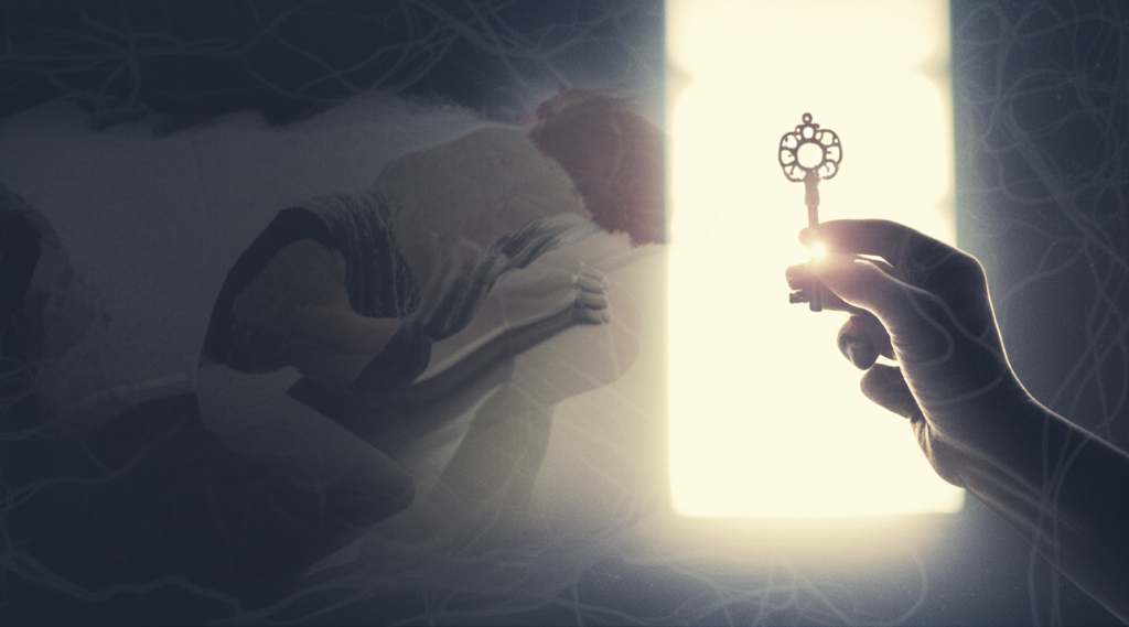 Uma chave misteriosa parcialmente oculta, simbolizando as promessas do e-book 'A Chave Secreta para Controlar a Ansiedade' e as informações que o marketing pode ter omitido.