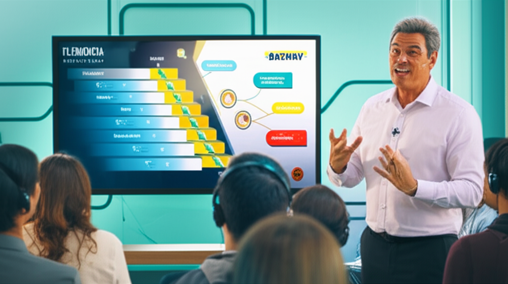 Professor Jonas ensinando inglês com a metodologia Beway 2.0 em plataforma digital, alunos diversos engajados, simbolizando superação de pontos cegos na fluência e crescimento profissional.