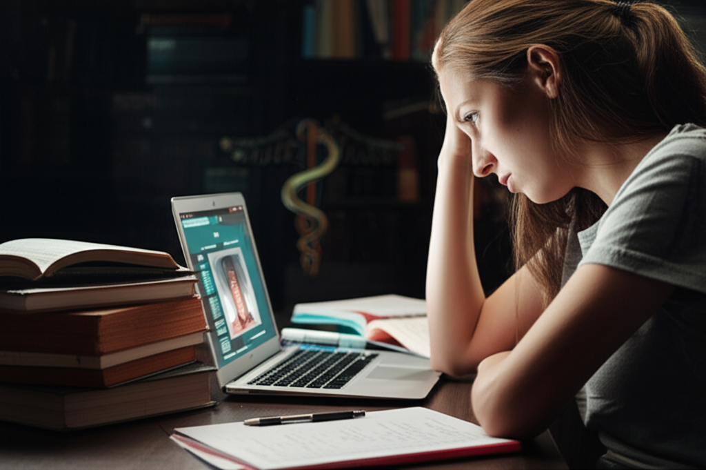 Estudante frustrada e exausta em frente a um curso online de medicina, simbolizando falhas no Extensiva MED 2026.