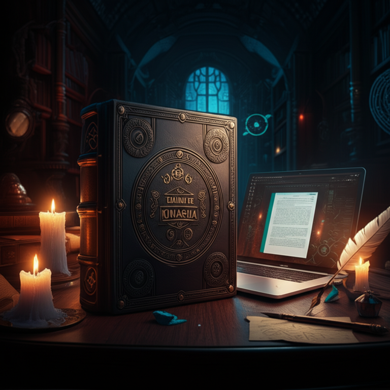 Capa enigmática do Diário de Kimasha Kotuno, cercada por velas, símbolos ocultos e um laptop exibindo o PDF do livro.