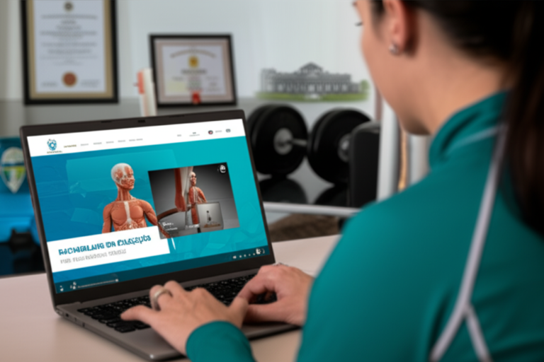 Estudante focado em Bacharelado EAD de Educação Física do Instituto Óliver no laptop, com diploma e elementos de carreira policial ao fundo, simbolizando aprendizado oficial e seguro.