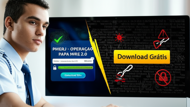 Estudante decide entre o curso oficial PMERJ Operação Papa Mike 2.0 (login seguro Hotmart) e download pirata grátis (risco de vírus).