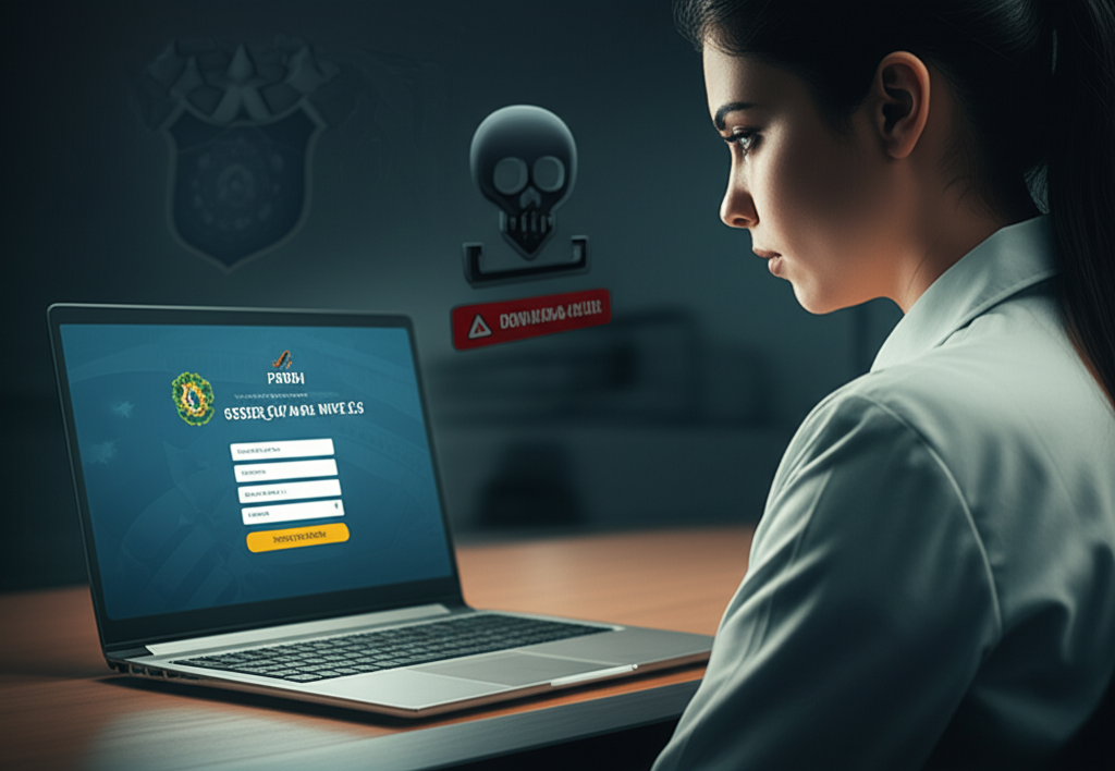 Estudante acessando o curso oficial PMERJ Operação Papa Mike 2.0, com ícone de cadeado seguro, contrastando com um link de download grátis suspeito e perigoso.