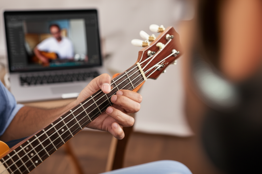 Pessoa focada aprendendo a tocar cavaquinho ou banjo com o Método Do Zero ao Pagode, exibindo a técnica da mão direita e postura correta, com uma aula online em multi-ângulo no fundo.