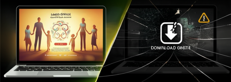 Imagem comparativa mostrando a segurança do acesso oficial a um curso de Constelação Familiar online versus os riscos de um download grátis, com tela de login segura e ícone de download corrompido.