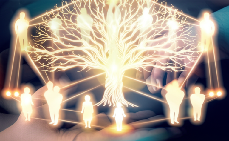 Imagem conceitual de constelação familiar com figuras humanas conectadas por linhas energéticas e árvore genealógica, simbolizando aprendizado sistêmico online acessível.