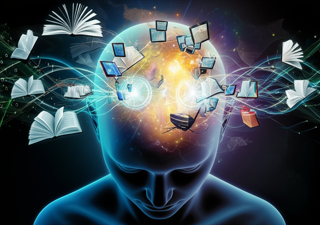 Ilustração digital de uma cabeça humana com livros e dados girando ao redor, simbolizando leitura rápida, cognição e retenção de conhecimento pelo Guia Metaleitura.