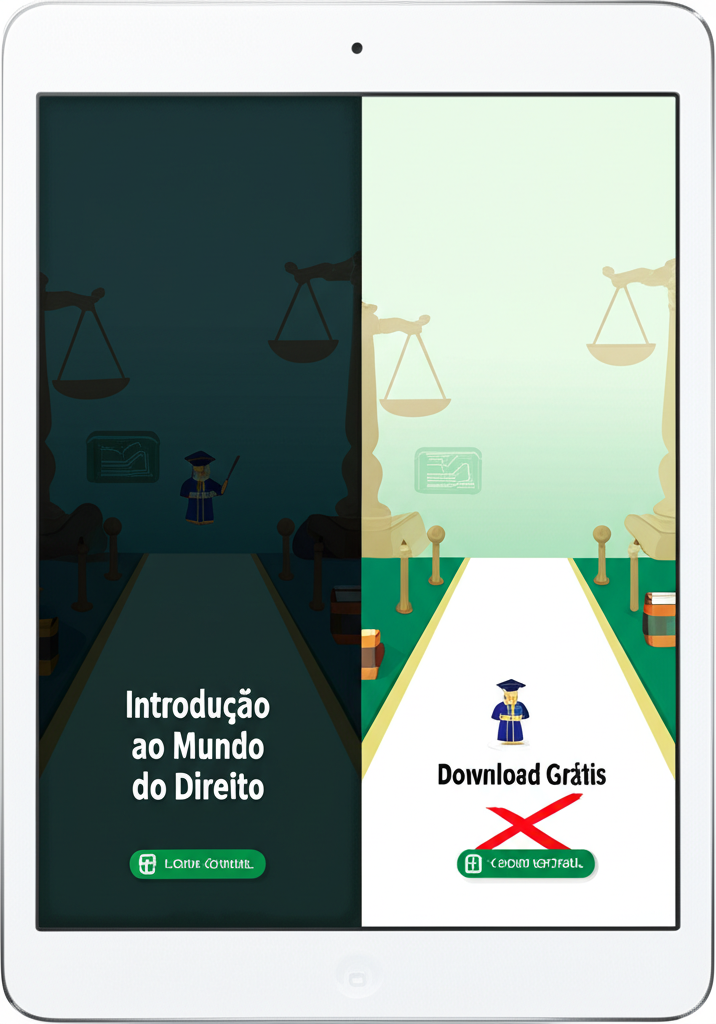 eBook 'Introdução ao Mundo do Direito' em tablet, ilustrando contraste entre acesso seguro via 'Login Oficial' e riscos de 'Download Grátis', com ícones de cadeado e alerta e símbolos jurídicos simplificados.