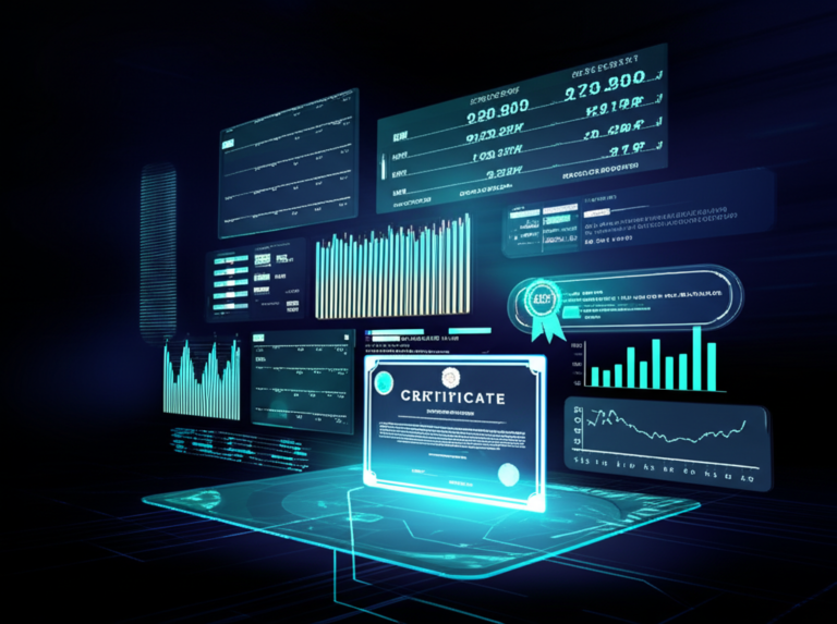 Dashboard digital futurista com gráficos de vendas e feed do TikTok, representando o método TokShop BR de dropshipping e um certificado de empreendedorismo digital.