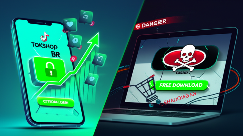 Comparativo visual entre o login oficial do TokShop BR com símbolos de sucesso e um download grátis perigoso com ícones de risco e banimento.