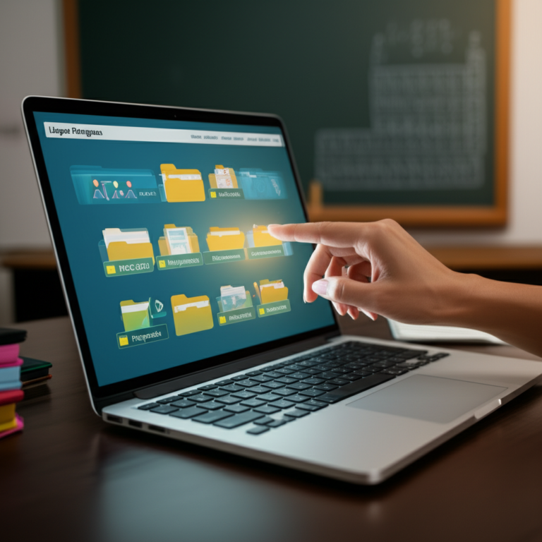 Professor acessando planejamentos e atividades de Língua Portuguesa BNCC 2026 em tela de notebook organizada.