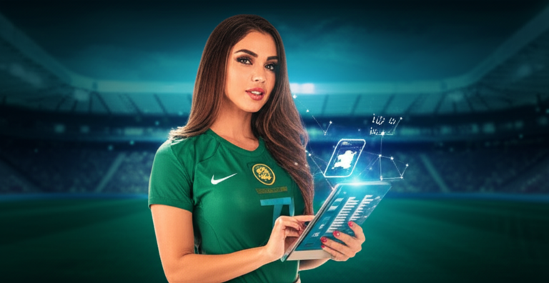 Mulher elegante e confiante, representando uma Musa do Brasileirão, segurando um tablet com dados digitais, em um cenário que mescla um estádio de futebol e elementos de marketing online.