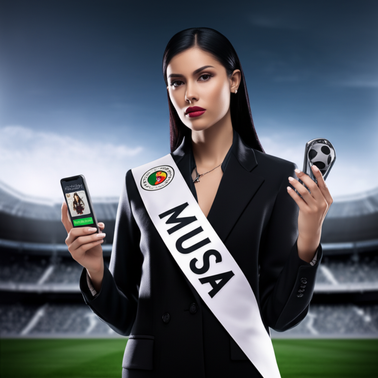 Mulher confiante com faixa de 'Musa do Brasileirão', representando autoridade e sucesso no branding pessoal e digital, com fundo de estádio de futebol e elementos de redes sociais.