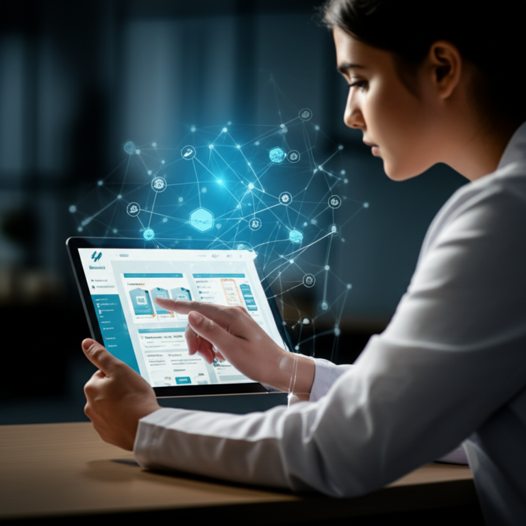 Estudante de medicina concentrado usando o aplicativo Medcards FULL em um tablet, com um mapa de estudo digital brilhante ao fundo, representando o algoritmo Confidence-Based Repetition que guia a aprovação na residência.