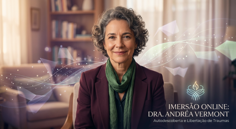 Dra. Andréa Vermont, psicanalista renomada, em retrato sereno com luzes abstratas que simbolizam a imersão Tradutor de Almas e a cura interior.