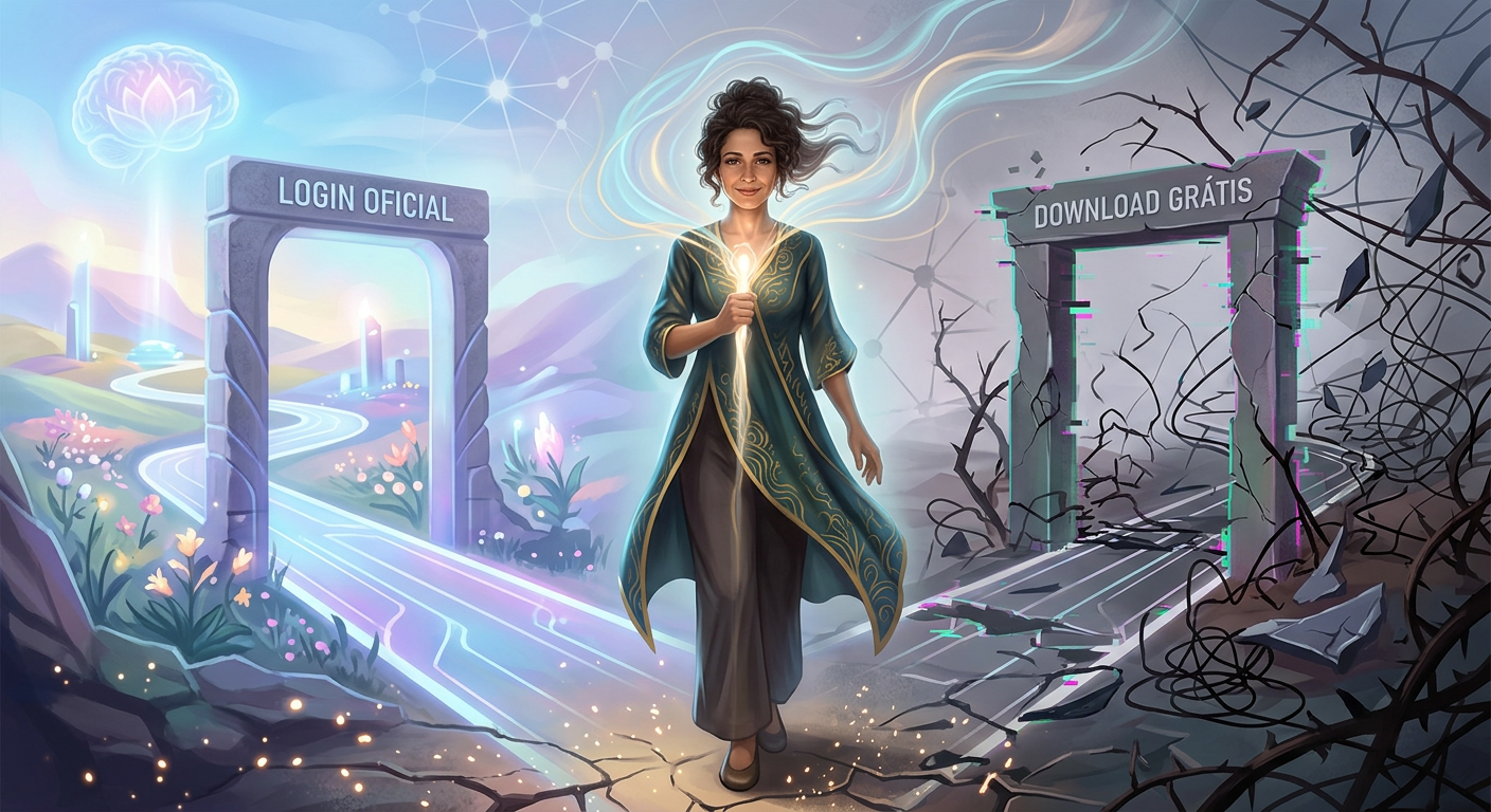 Dra. Andréa Vermont, psicanalista, em um design conceitual mostrando dois caminhos digitais: um 'Login Oficial' seguro para autoconhecimento e um 'Download Grátis' arriscado, simbolizando a escolha entre autenticidade e ilusão na cura emocional.