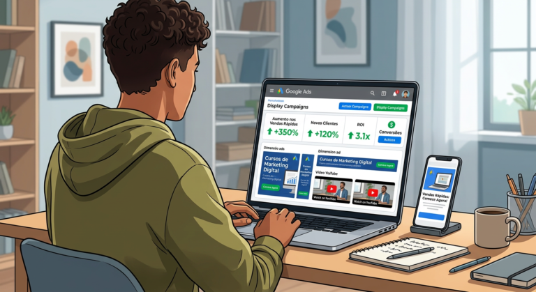 Pessoa operando Google Display Ads e YouTube Ads em laptop, com gráficos de vendas e ícones de dinheiro, simbolizando vendas rápidas e renda extra para afiliados.