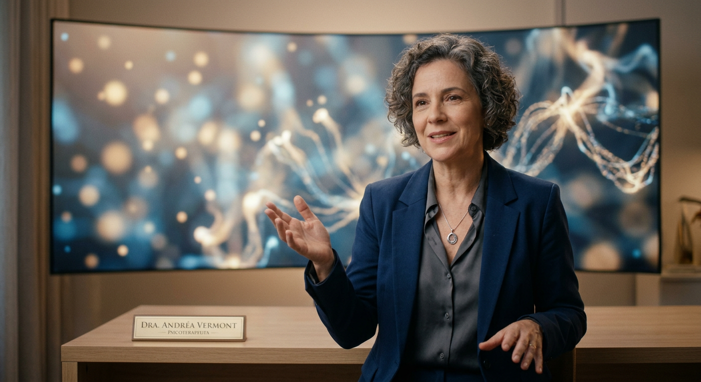 Psicanalista Dra. Andréa Vermont em imersão online, guiando autoconhecimento e cura emocional, com luzes e símbolos abstratos de almas e pensamentos.
