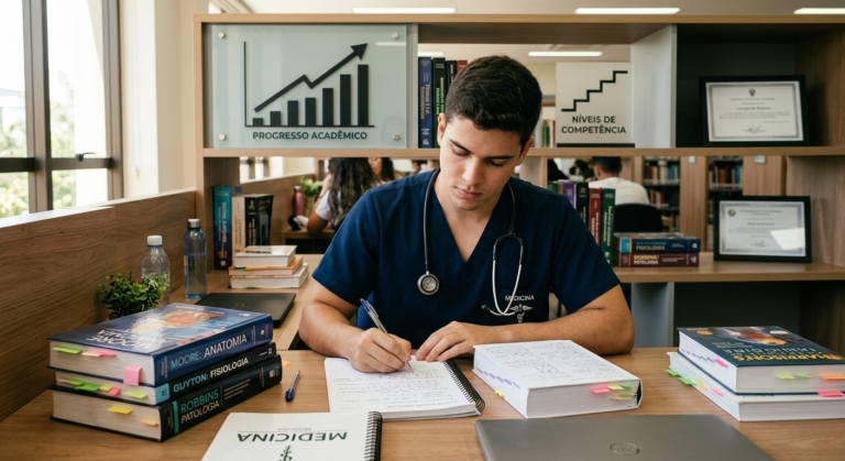 Jovem profissional de medicina escrevendo focado, cercado por livros, com gráficos de progresso e ascensão, simbolizando o aprimoramento da redação médica e o 'subir de nível'.