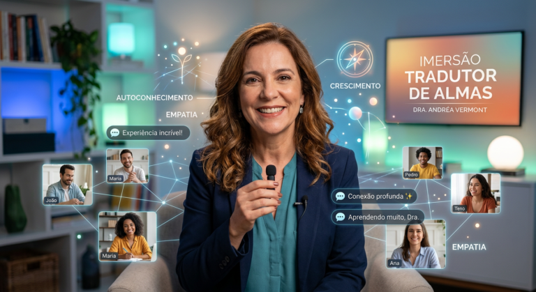 Dra. Andréa Vermont, psicanalista, em destaque em uma tela, liderando a Imersão Tradutor de Almas online. Ela transmite confiança e empatia, com um fundo digital suave que simboliza conexão e desenvolvimento pessoal. Imagem representa autoconhecimento, terapia emocional e um evento digital interativo.