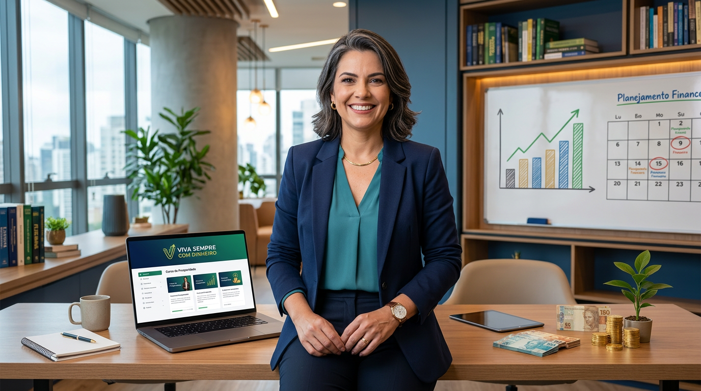 Retrato de Nádia C. B. Vieira Pace com sorriso confiante, ao lado do logo 'Viva Sempre com Dinheiro', com elementos visuais de prosperidade financeira, gráficos e moedas, simbolizando liberdade de dívidas.