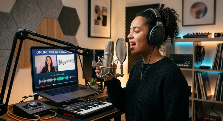 Jovem aluno cantando em microfone profissional, assistindo a uma videoaula online de canto de alta qualidade em seu estúdio doméstico.