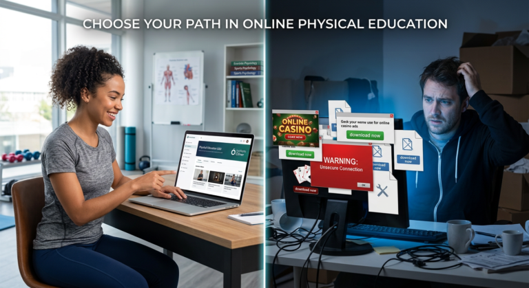 Comparativo visual entre acesso legítimo ao curso de Educação Física EAD do Instituto Óliver em plataforma oficial e a armadilha de download pirata ou gratuito.