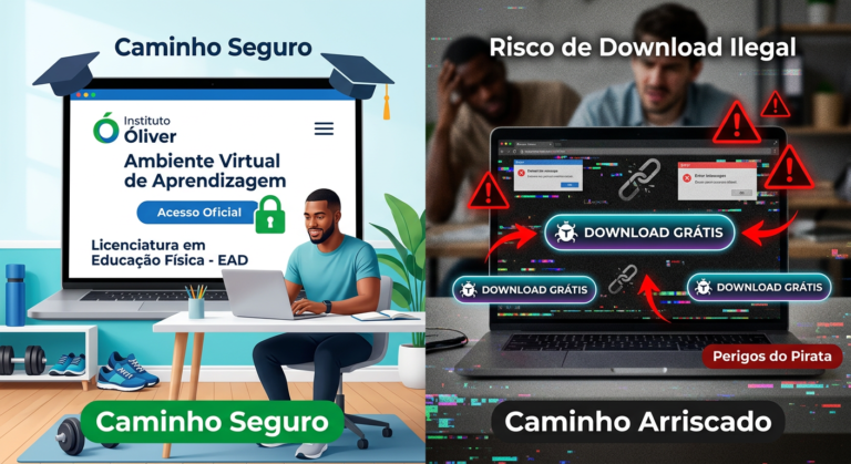 Ilustração conceitual do contraste entre o login oficial seguro para o Curso Superior Bacharelado em Educação Física EAD do Instituto Óliver e a armadilha de downloads piratas.