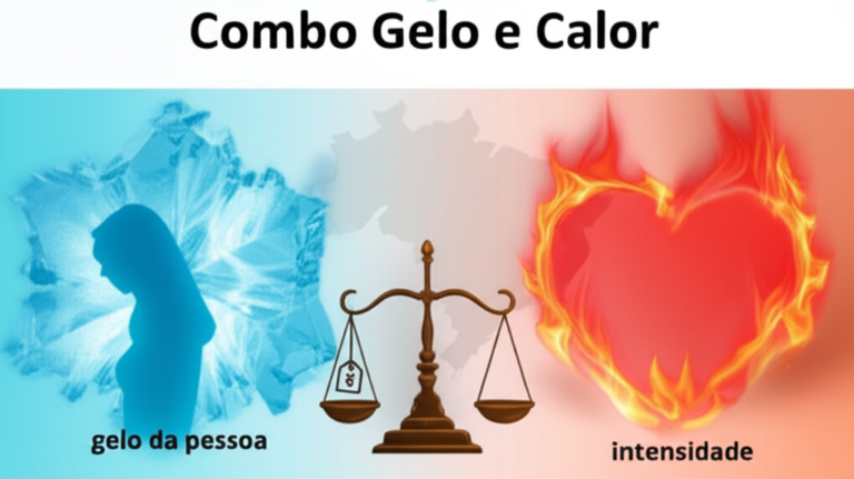 Ilustração dividida entre gelo azul e fogo vermelho, com símbolos de relacionamento, uma balança de preço e detalhes brasileiros, representando a análise do combo digital “Gelo e Calor”.