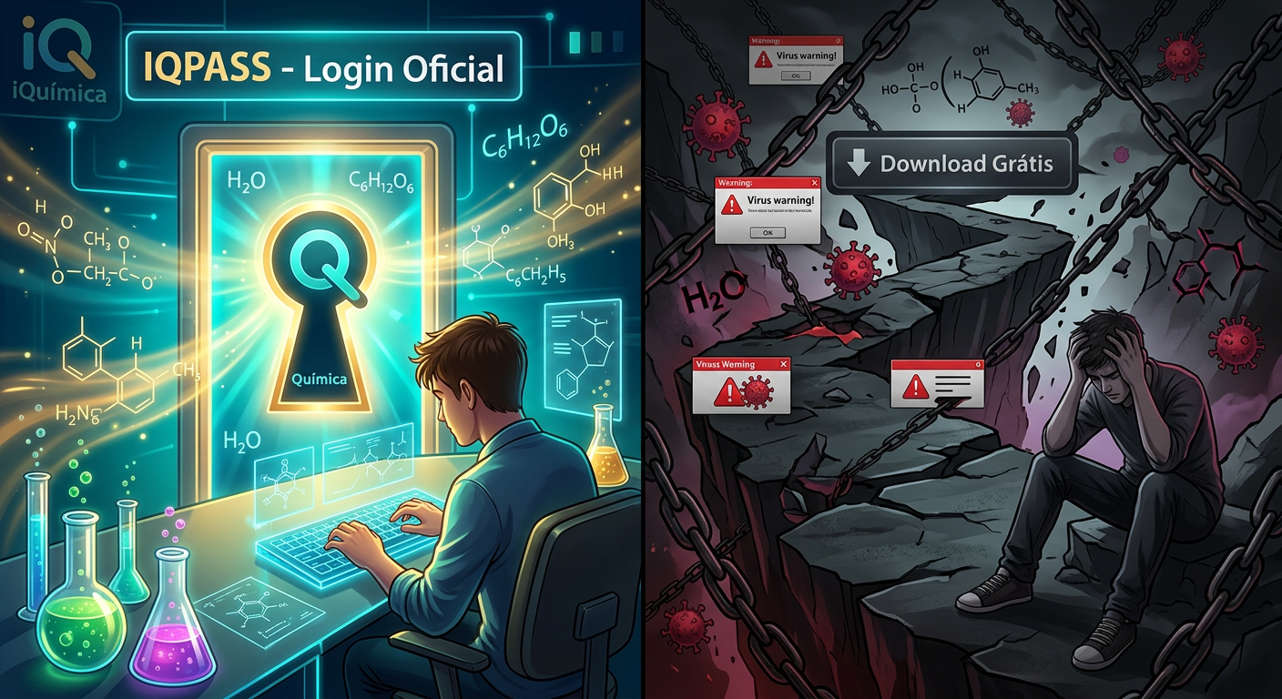 Estudante escolhendo entre o login oficial seguro do Passaporte iQuímica 2026 (IQPASS) e a armadilha de um download grátis pirata e arriscado, com símbolos de sucesso e fraude.