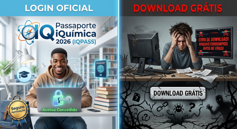Contraste visual entre login seguro do Passaporte iQuímica 2026 (IQPASS) e perigos de download grátis ilegal. Um lado mostra estudante confiante com acesso oficial e sucesso, outro lado mostra frustração e malware em download pirata.