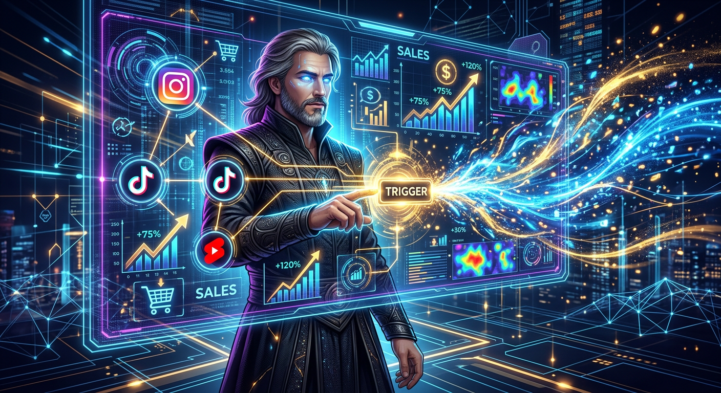 Mestre do Algoritmo manipulando plataformas de redes sociais para crescimento de vendas e engajamento.