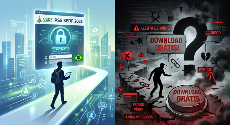 Imagem dividida em duas partes contrastantes: um caminho seguro e iluminado com uma tela de login oficial do PSS SEDF 2025 à esquerda, e um caminho escuro e arriscado com um botão de 'Download Grátis' suspeito à direita. Simboliza a escolha entre segurança e armadilha na preparação para o concurso.
