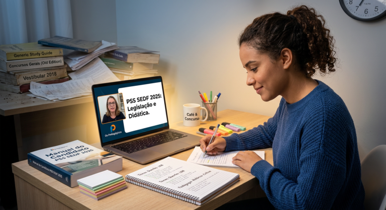 Candidato focado estudando com materiais direcionados para o PSS SEDF 2025, com contraste de preparação genérica desorganizada ao fundo, simbolizando o sucesso da preparação específica com Os Pedagógicos.