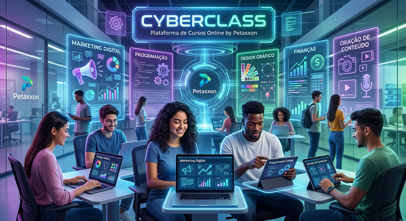 Pessoas diversas aprendendo habilidades digitais na plataforma CyberClass da Petaxxon, com laptops, tablets e ícones holográficos representando cursos de marketing, programação e finanças, em um ambiente moderno e tecnológico.