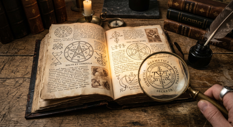 Um diário antigo e misterioso, aberto, com símbolos ocultos e uma lupa, simbolizando decifração e estudo.