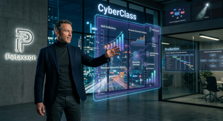 Peter Jordan, fundador da Petaxxon, demonstrando o CyberClass em um ambiente digital futurista, destacando seu papel como produtor e mentor de habilidades monetizáveis.