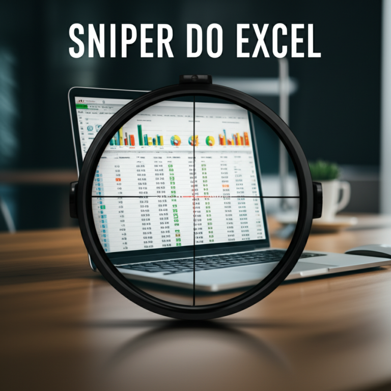Ilustração de um laptop exibindo dashboards de Excel vistos através de uma mira de sniper, simbolizando o curso Sniper do Excel.