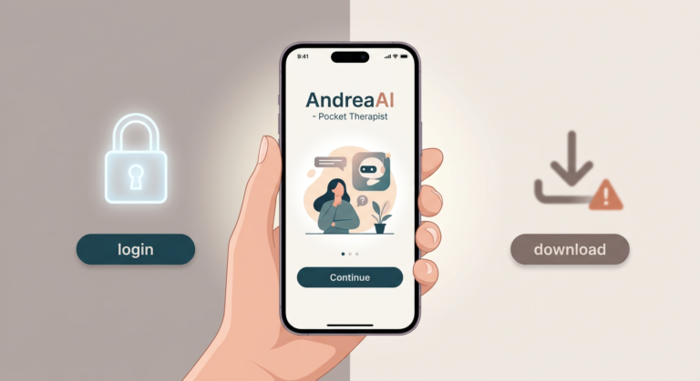 Smartphone com o aplicativo AndreaAI Terapeuta de Bolso, mostrando o contraste entre um acesso seguro por login oficial e os perigos de downloads gratuitos não autorizados.