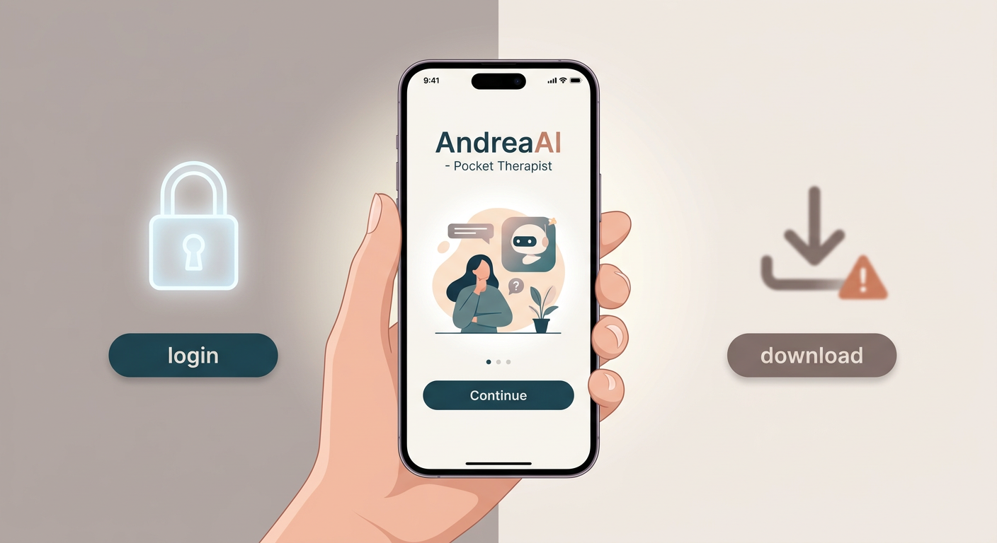 Smartphone com o aplicativo AndreaAI Terapeuta de Bolso, mostrando o contraste entre um acesso seguro por login oficial e os perigos de downloads gratuitos não autorizados.