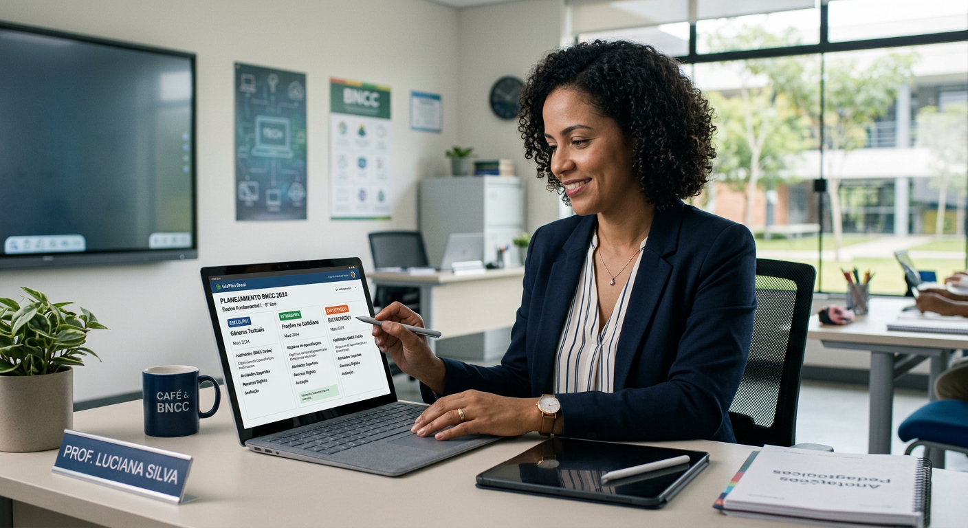 Professora planejando aulas digitais com foco na BNCC 2026, símbolo de eficiência e educação moderna.